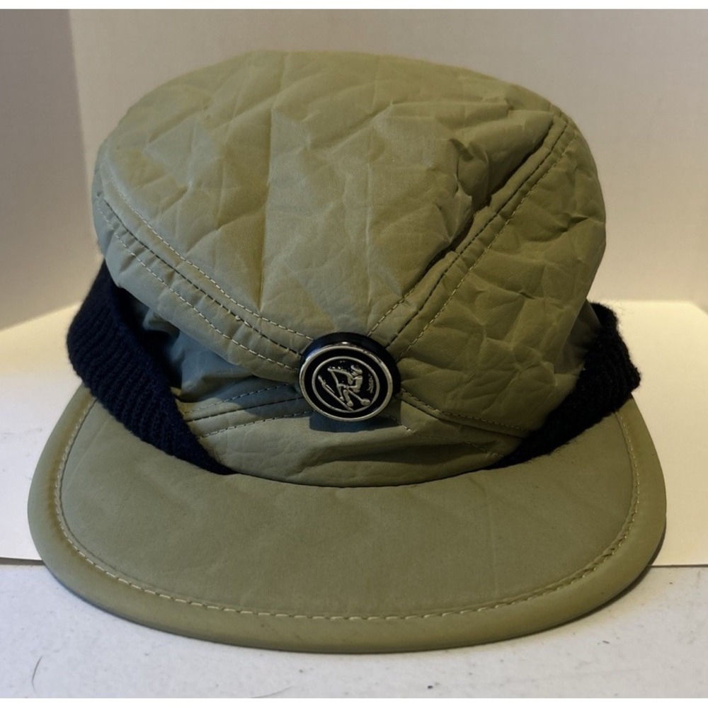 Green Quilted Insulated Nylon Ski Cap w Ear Flaps Snow Hat Large Union‎ Made USA